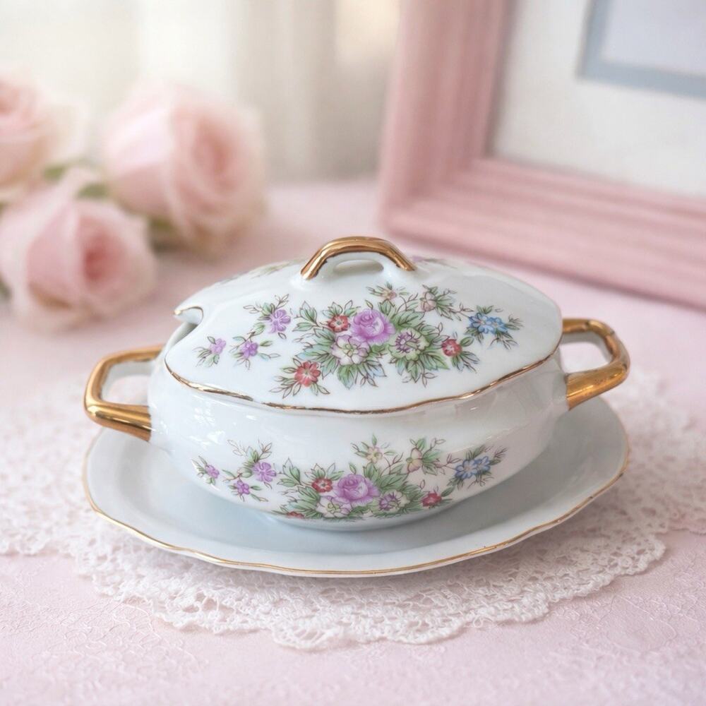 Vtg Lefton China hand painted Sugar Bowl Lid & Attached Underplate Cottage